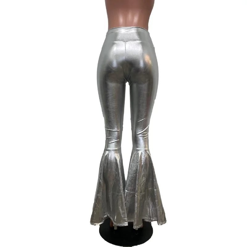 Silver Metallic High-Waisted Bell Bottoms