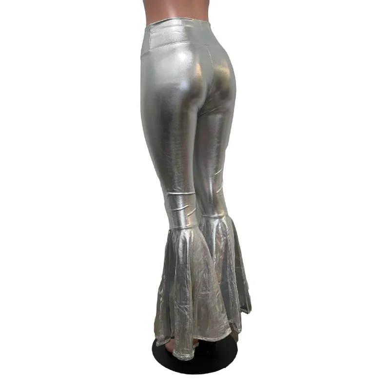 Silver Metallic High-Waisted Bell Bottoms