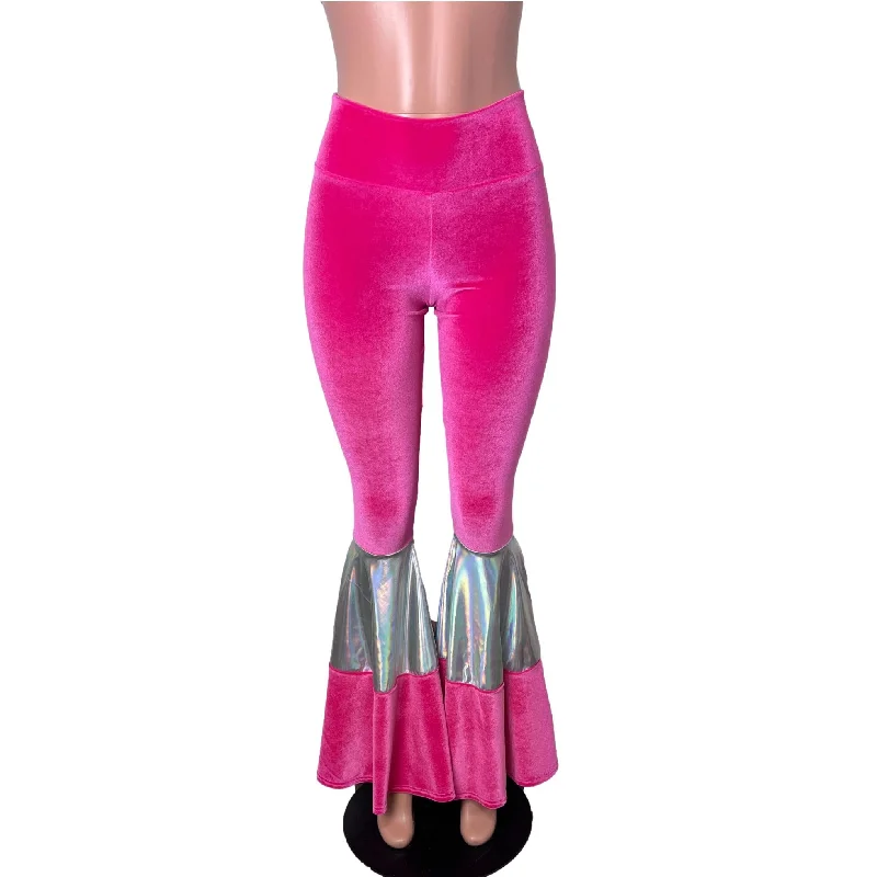 Tiered Bell Bottom Flares - Neon Hot Pink Velvet w/ Opal Holographic