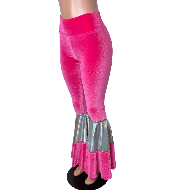 Tiered Bell Bottom Flares - Neon Hot Pink Velvet w/ Opal Holographic