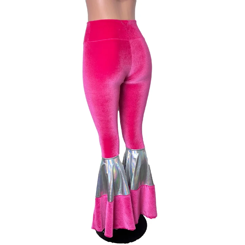 Tiered Bell Bottom Flares - Neon Hot Pink Velvet w/ Opal Holographic