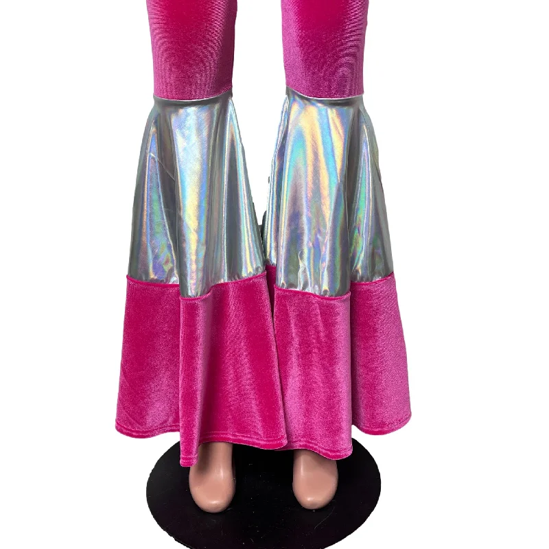 Tiered Bell Bottom Flares - Neon Hot Pink Velvet w/ Opal Holographic