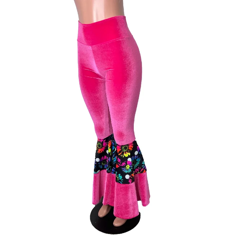 Tiered Bell Bottom Flares - Neon Hot Pink Velvet w/ Polka Dot Electric Daisy