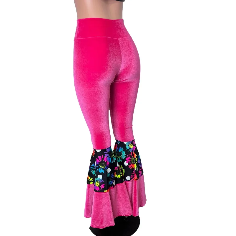 Tiered Bell Bottom Flares - Neon Hot Pink Velvet w/ Polka Dot Electric Daisy