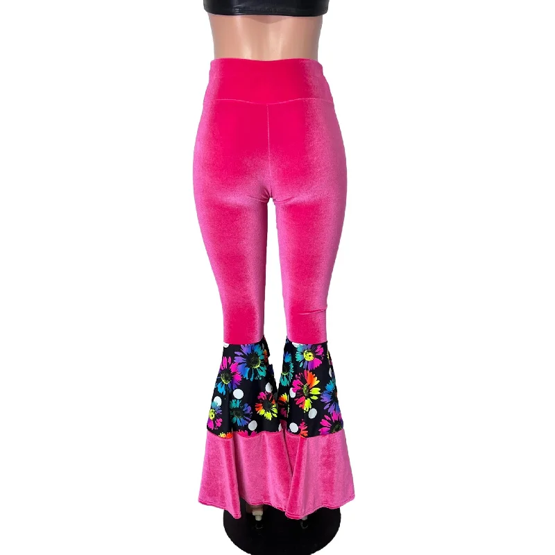 Tiered Bell Bottom Flares - Neon Hot Pink Velvet w/ Polka Dot Electric Daisy