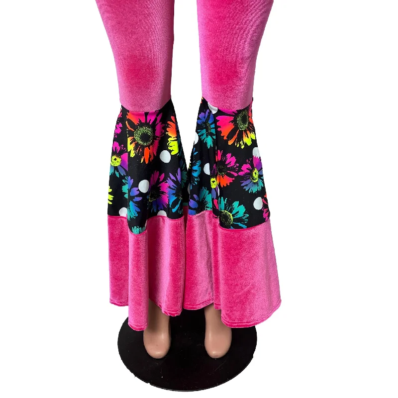 Tiered Bell Bottom Flares - Neon Hot Pink Velvet w/ Polka Dot Electric Daisy