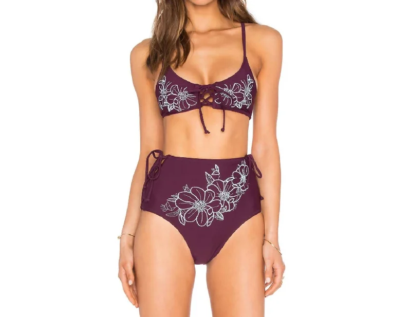 Reha Lace Up Front Embroidered Bikini Top In Burgundy