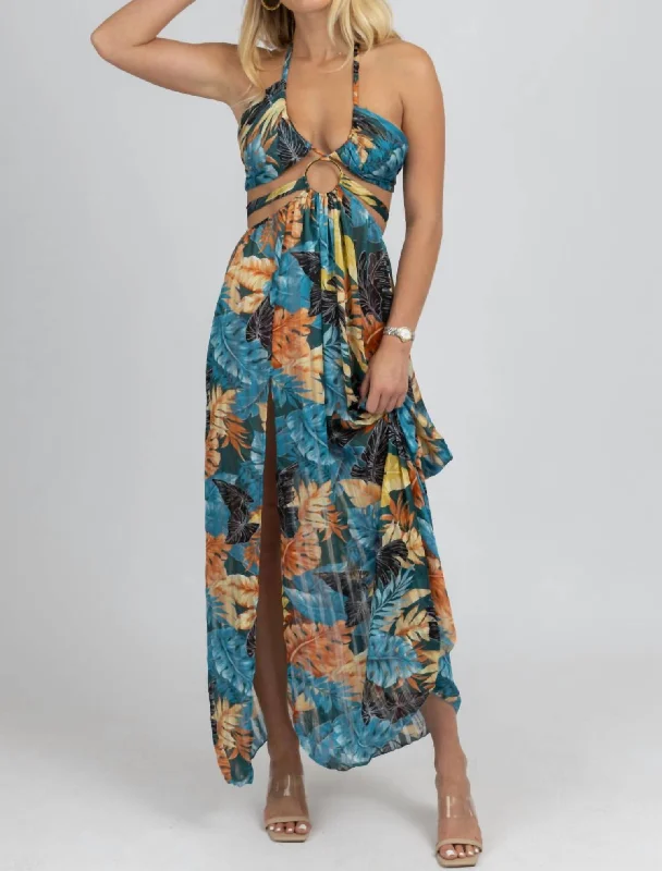 Tropical High Slit Maxi Cover Up In Teal