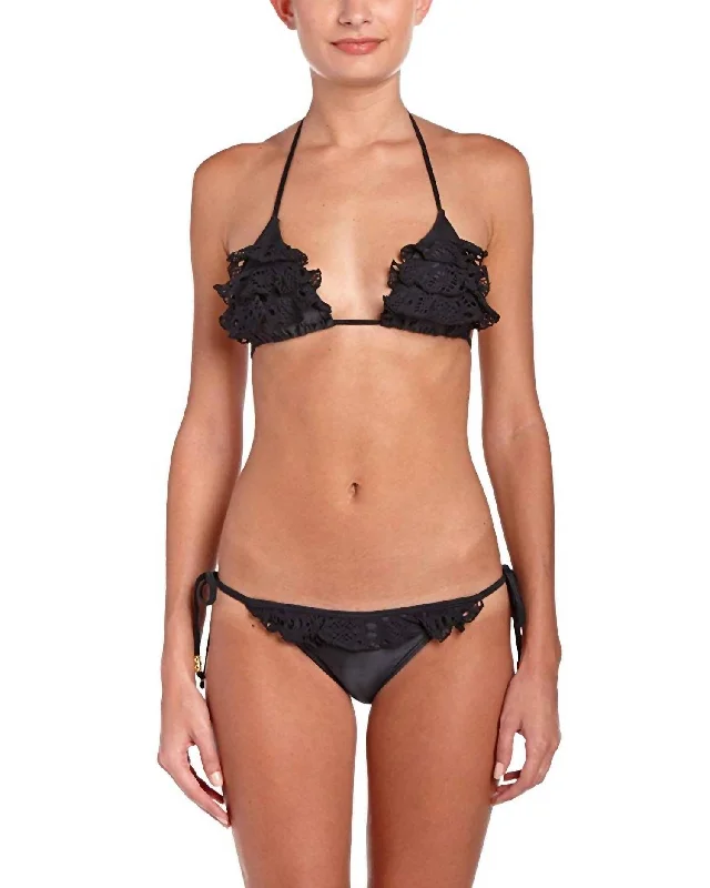 Women's Teeny Lace Diva Ruffle Tie Side Strap Bikini Bottom Swimsuit In Black