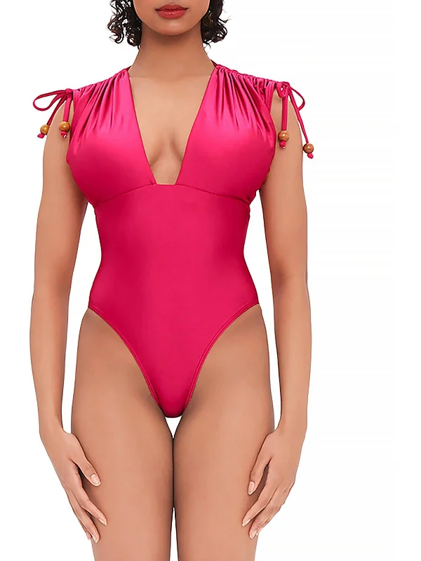 Womens Tie Shoulder Plunging One-Piece Swimsuit