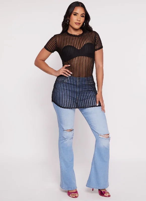 Mesh Striped Crew Neck Tunic Top