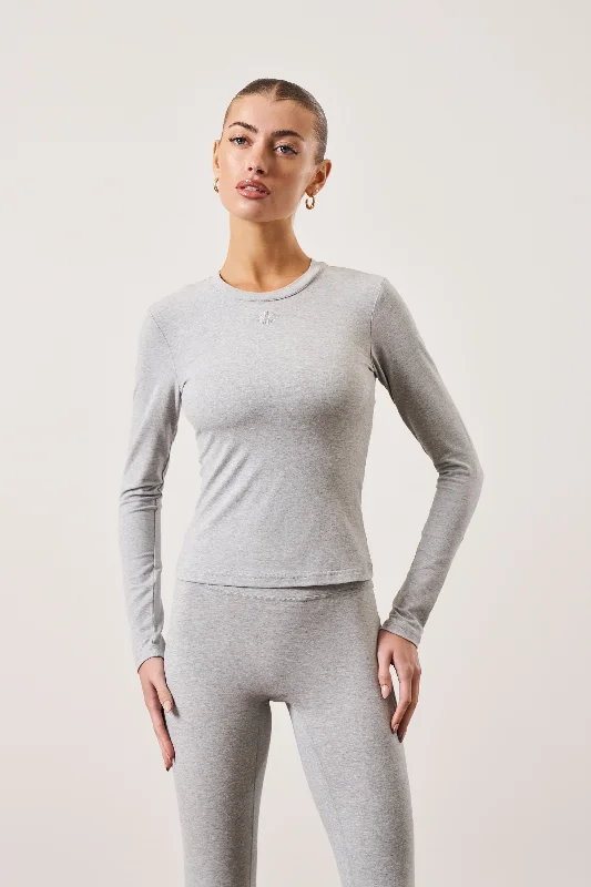 EMBLEM JERSEY LONG SLEEVE TOP - GREY MARL