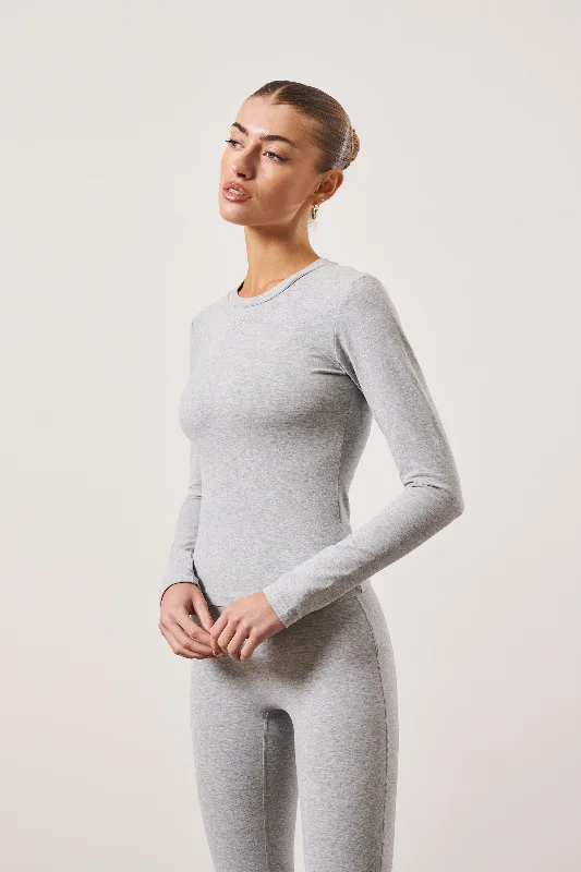 EMBLEM JERSEY LONG SLEEVE TOP - GREY MARL