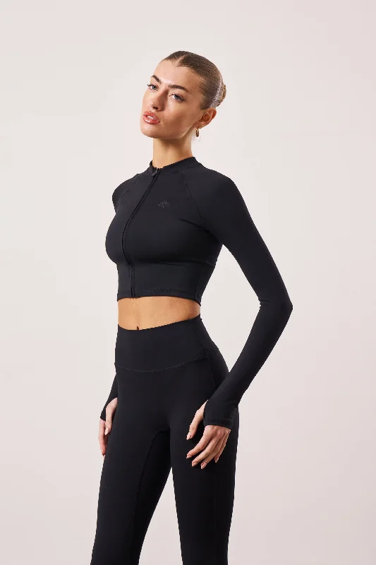 SCULPTING EMBLEM ZIP THROUGH TOP - BLACK