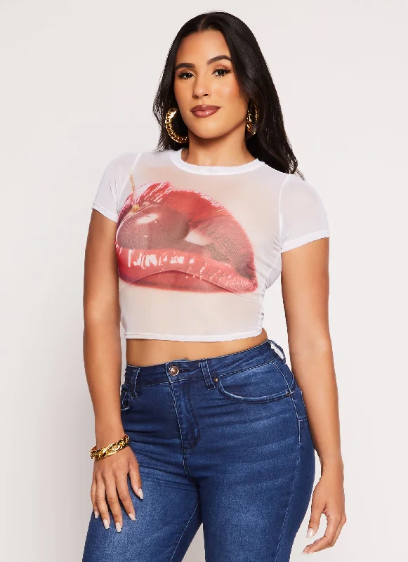 Lip Graphic Mesh Crop Top