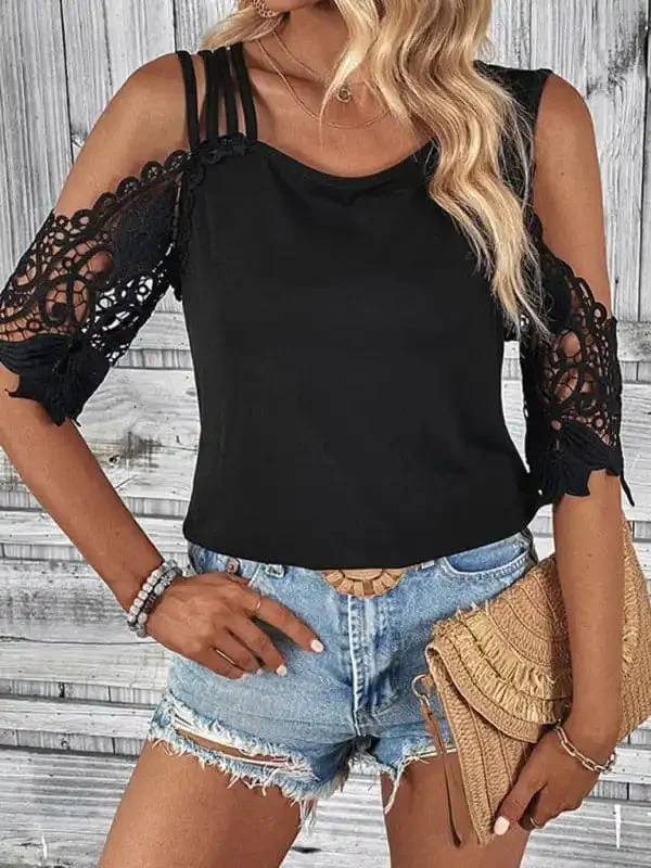 Women’s lace patchwork knitted top with off-shoulder sleeves