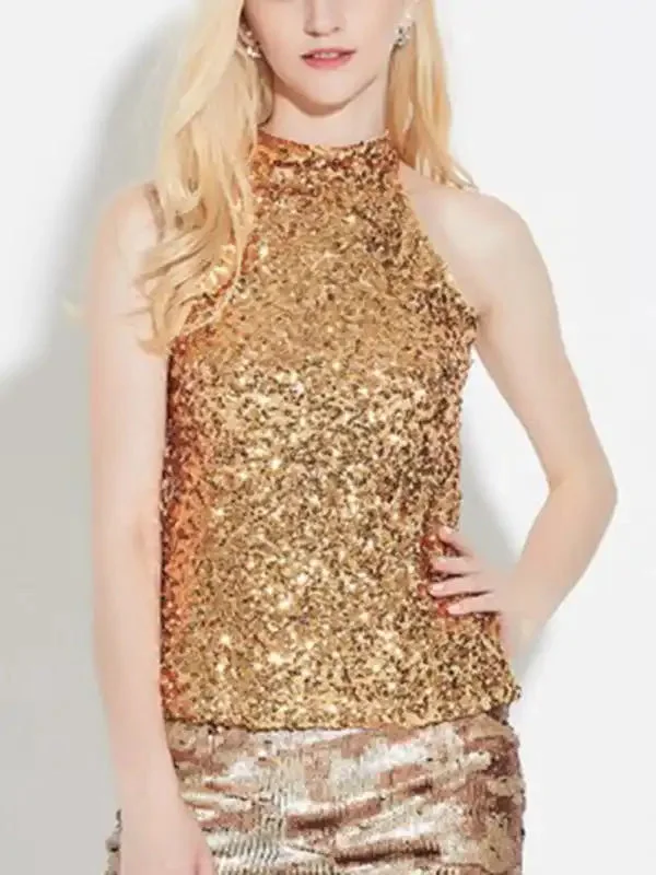 Women’s New Fashion Sexy Sleeveless Slim Pullover Sequined Top