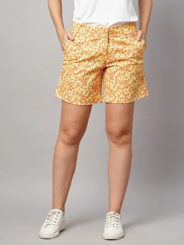 Women's Yellow Cotton Lycra Regular Fit Shorts