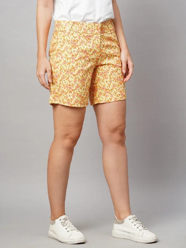 Women's Yellow Cotton Lycra Regular Fit Shorts