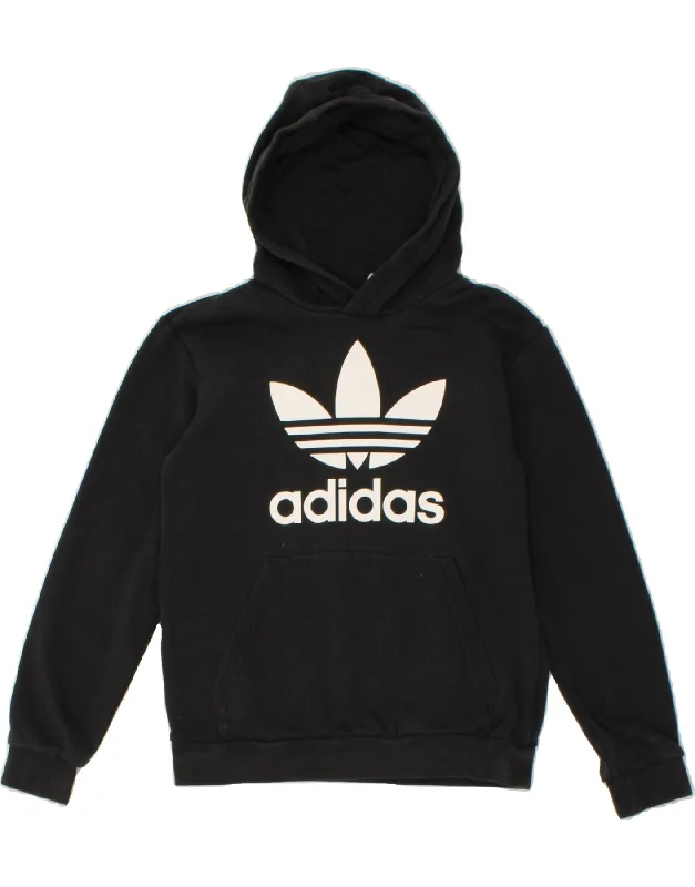 ADIDAS Boys Graphic Hoodie Jumper 11-12 Years Black Cotton