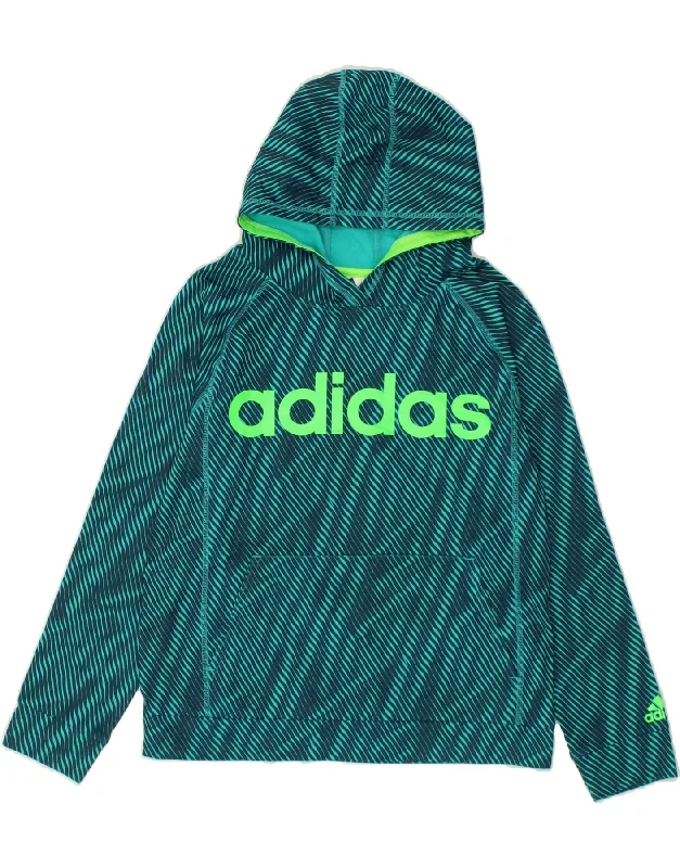 ADIDAS Boys Graphic Hoodie Jumper 11-12 Years Large Green Striped