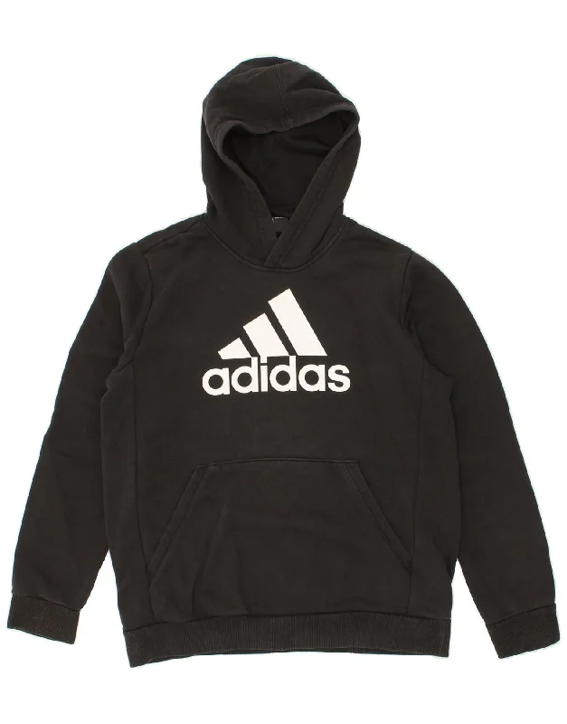 ADIDAS Boys Graphic Hoodie Jumper 13-14 Years Black Cotton