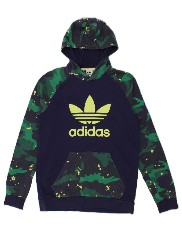 ADIDAS Boys Graphic Hoodie Jumper 15-16 Years Navy Blue Camouflage Cotton