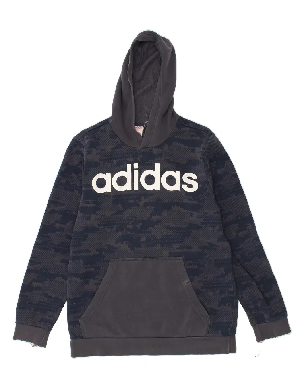 ADIDAS Boys Graphic Hoodie Jumper 15-16 Years Navy Blue Cotton