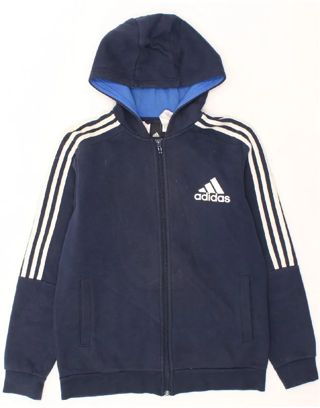 ADIDAS Boys Zip Hoodie Sweater 13-14 Years Navy Blue Cotton