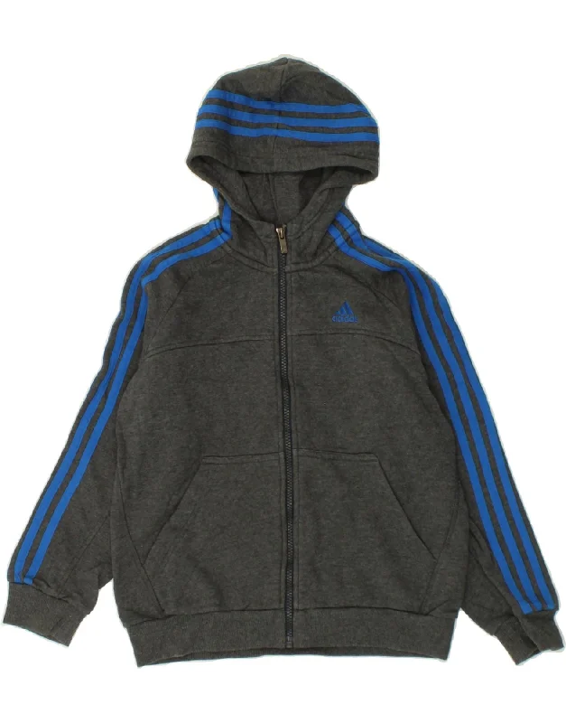 ADIDAS Boys Zip Hoodie Sweater 9-10 Years Grey Cotton