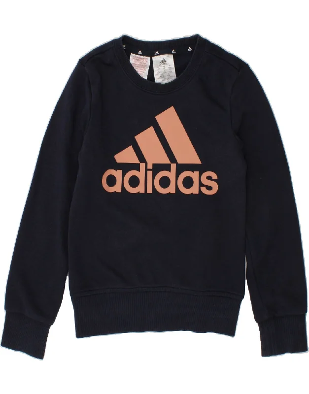 ADIDAS Girls Graphic Sweatshirt Jumper 7-8 Years Navy Blue Cotton