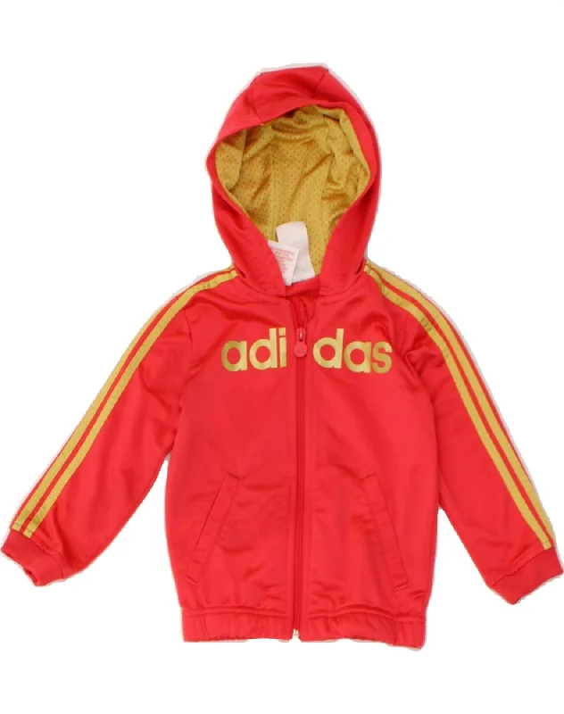 ADIDAS Girls Graphic Zip Hoodie Sweater 2-3 Years Red Polyester