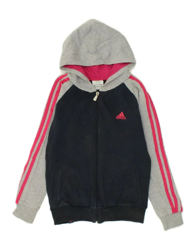 ADIDAS Girls Zip Hoodie Sweater 11-12 Years  Navy Blue Colourblock Cotton