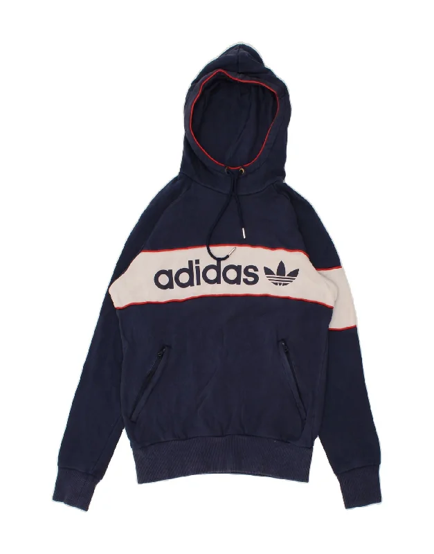 ADIDAS Mens Graphic Hoodie Jumper Small Navy Blue Colourblock Cotton