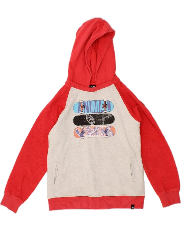 ANIMAL Girls Graphic Hoodie Jumper 10-11 Years Red Colourblock Cotton