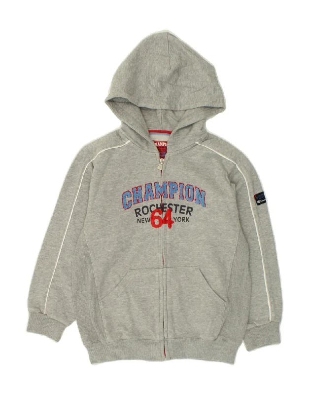 CHAMPION Boys Graphic Zip Hoodie Sweater 7-8 Years Small Grey Cotton