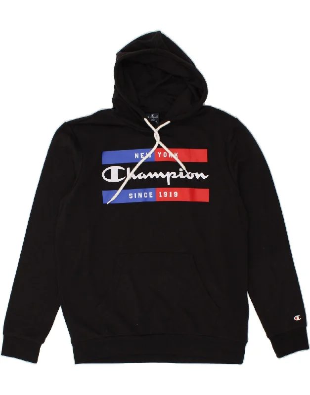 CHAMPION Mens Graphic Hoodie Jumper Large Black Cotton