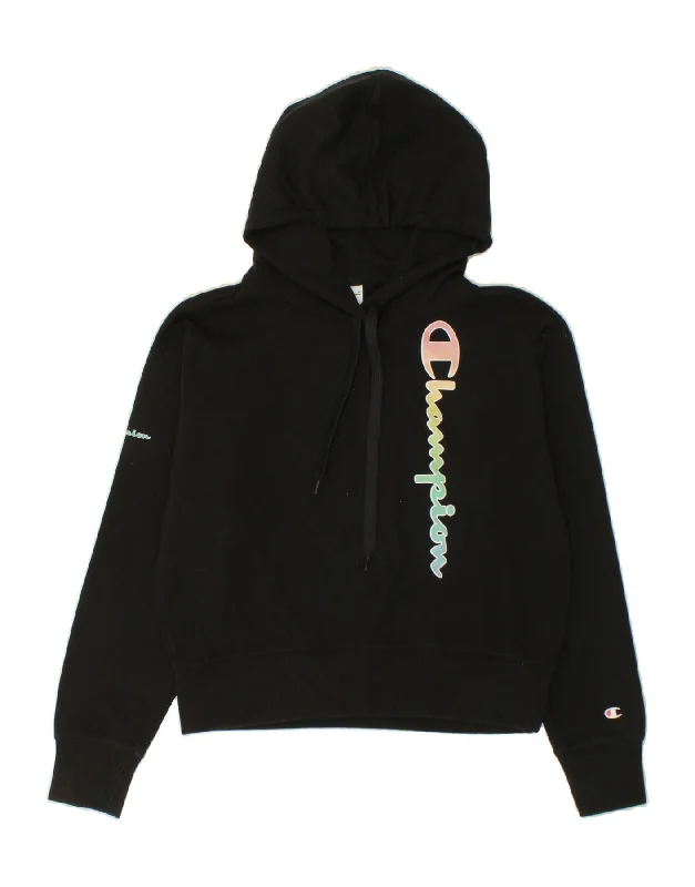 CHAMPION Womens Graphic Hoodie Jumper UK 14 Medium Black Cotton