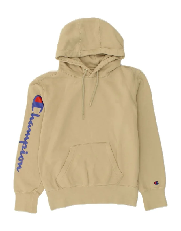 CHAMPION Womens Graphic Hoodie Jumper UK 6 XS Beige Cotton