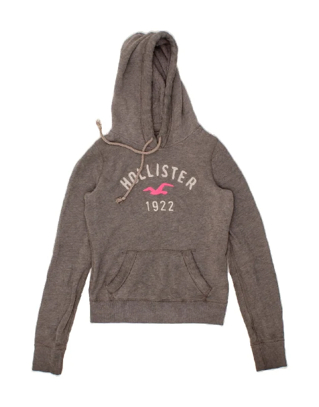 HOLLISTER Womens Graphic Hoodie Jumper UK 6 XS Grey Cotton