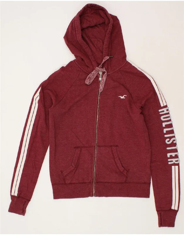 HOLLISTER Womens Graphic Zip Hoodie Sweater UK 14 Medium Maroon Cotton