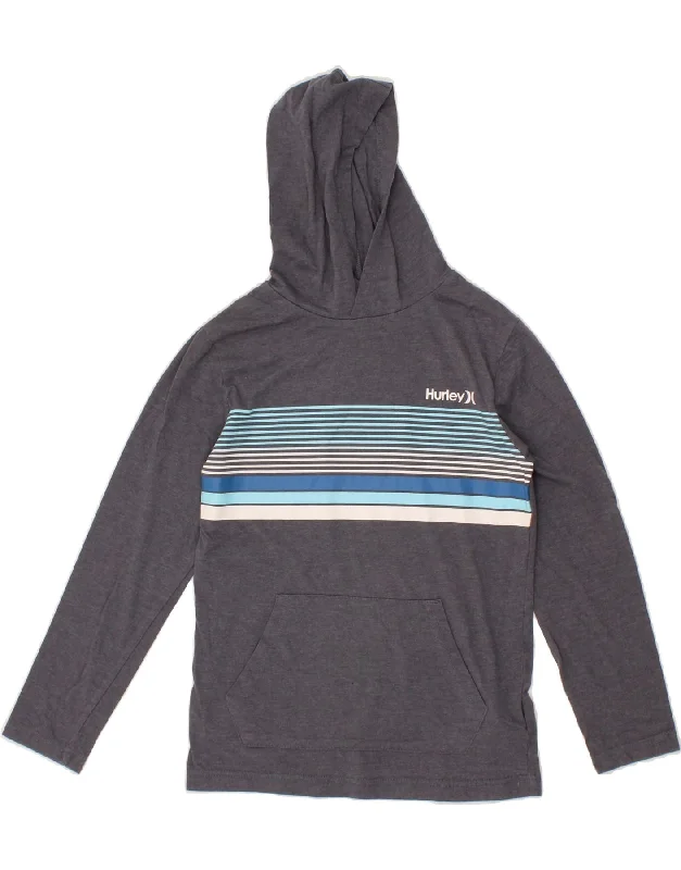 HURLEY Boys Hoodie Jumper 10-11 Years Medium  Grey Striped Cotton