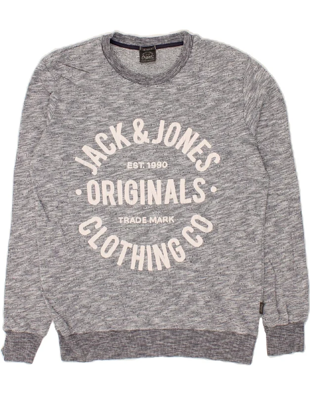 JACK & JONES Mens Graphic Sweatshirt Jumper Medium Grey Flecked Cotton