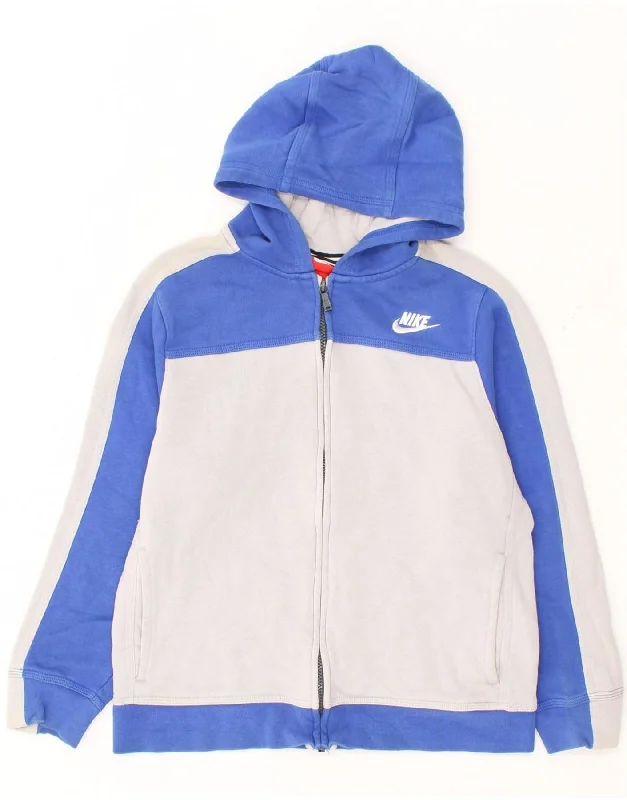 NIKE Boys Zip Hoodie Sweater 12-13 Years Large Blue Colourblock Cotton