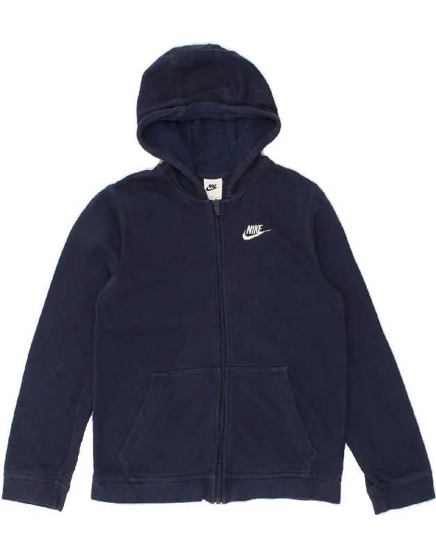 NIKE Boys Zip Hoodie Sweater 12-13 Years Large Navy Blue Cotton