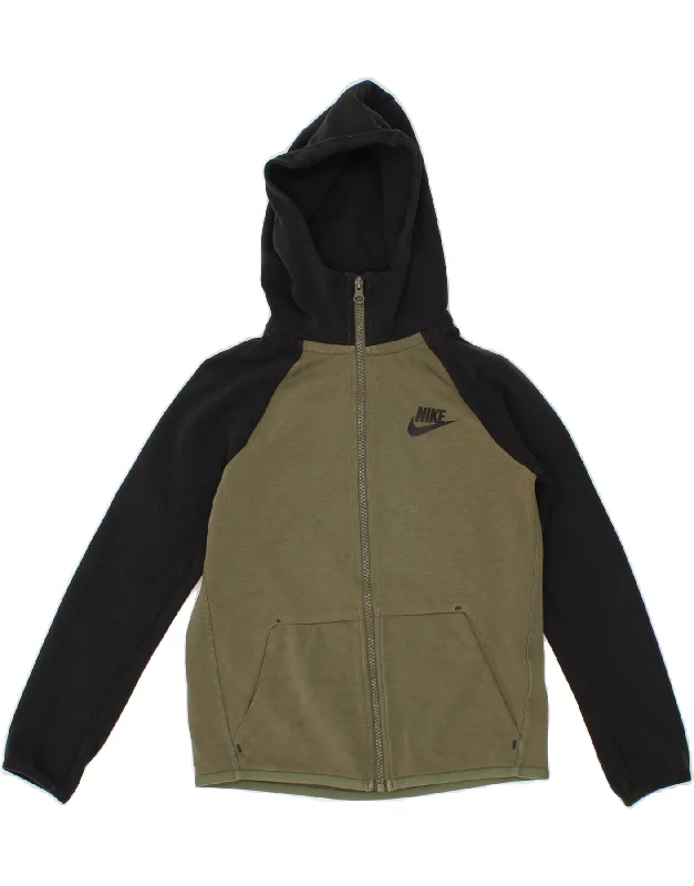 NIKE Boys Zip Hoodie Sweater 8-9 Years Small Khaki Colourblock Cotton