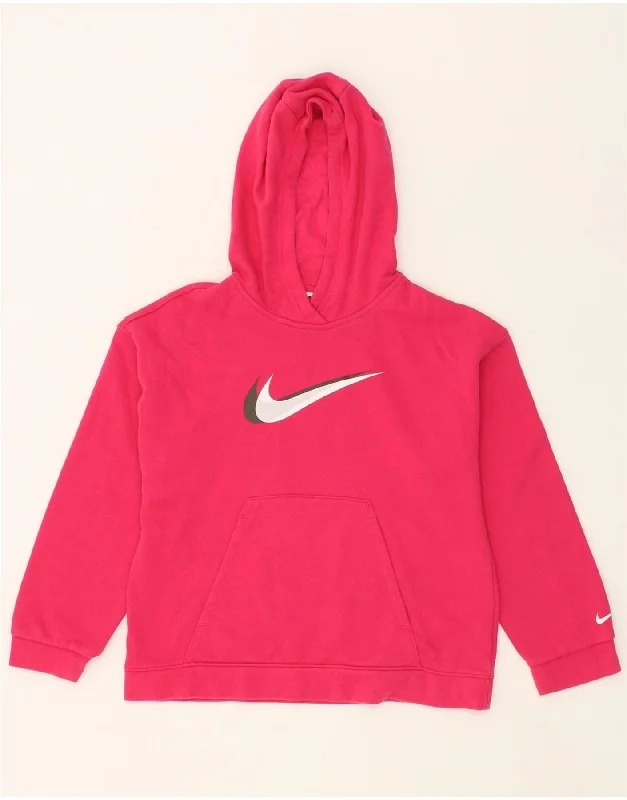 NIKE Girls Graphic Hoodie Jumper 10-11 Years Medium Pink Cotton