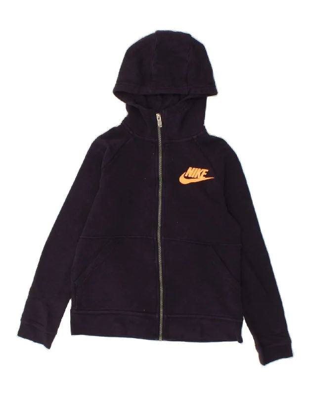 NIKE Girls Graphic Zip Hoodie Sweater 12-13 Years Large Navy Blue Cotton