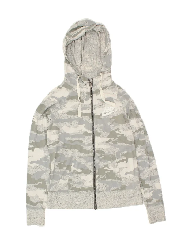 NIKE Womens Oversized Zip Hoodie Sweater UK 10 Small Grey Camouflage