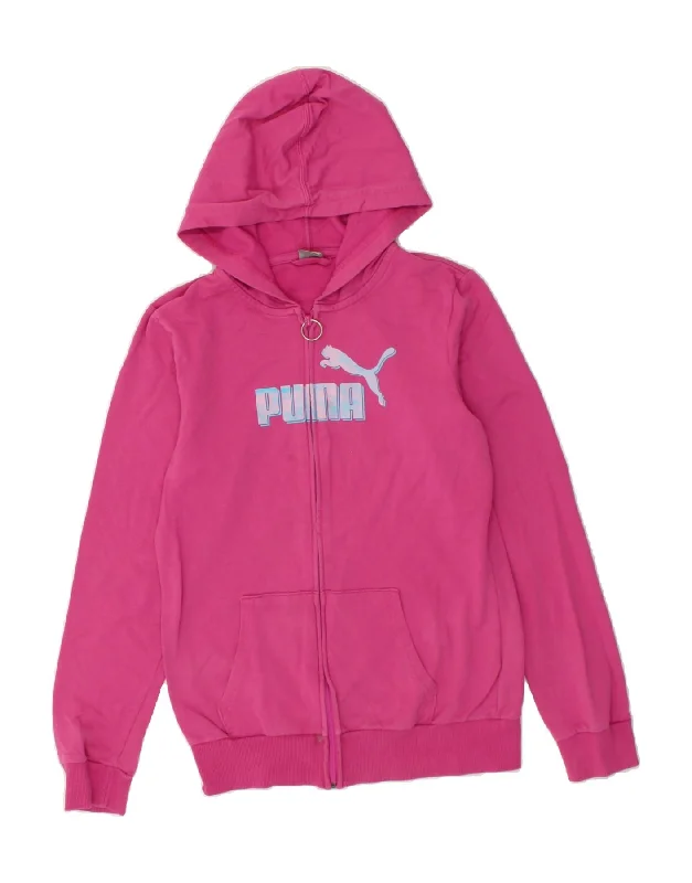 PUMA Girls Graphic Zip Hoodie Sweater 15-16 Years Pink Cotton